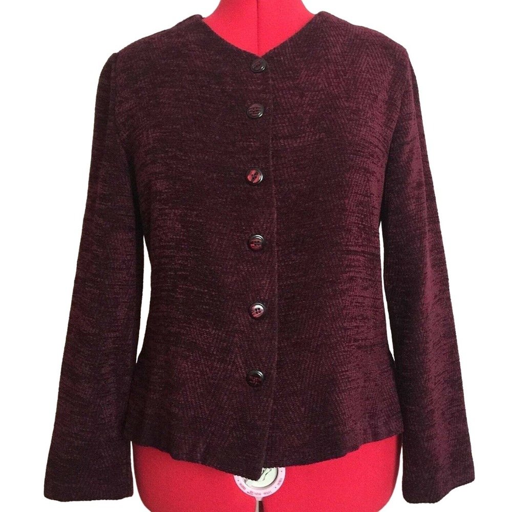 First Option Jacket Women Size M Burgundy Wine Textured Woven Button Up Career